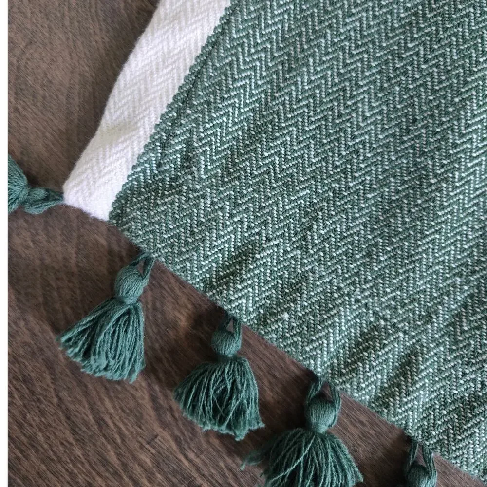 Green Herringbone Tassel Table Runner Farmhouse Boho 66